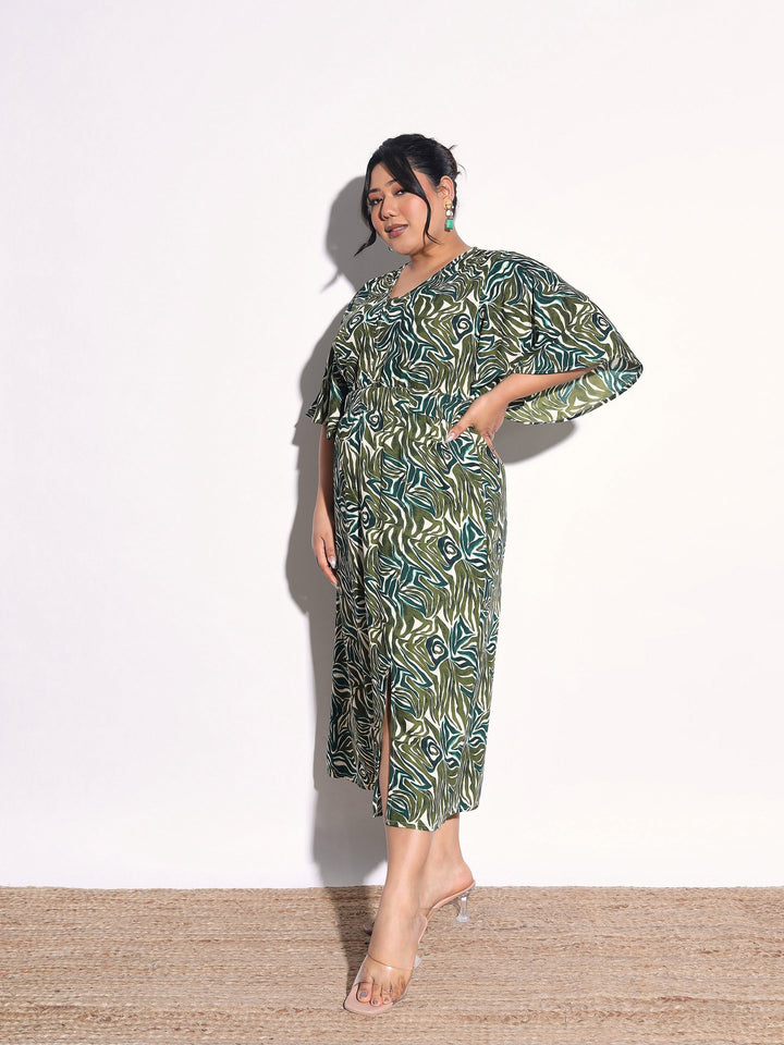 Women Green Printed Front Slit Midi Dress