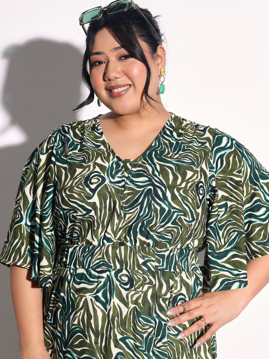 Women Green Printed Front Slit Midi Dress