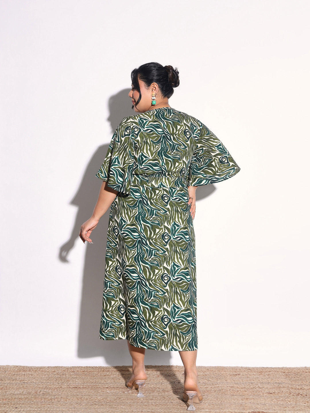 Women Green Printed Front Slit Midi Dress