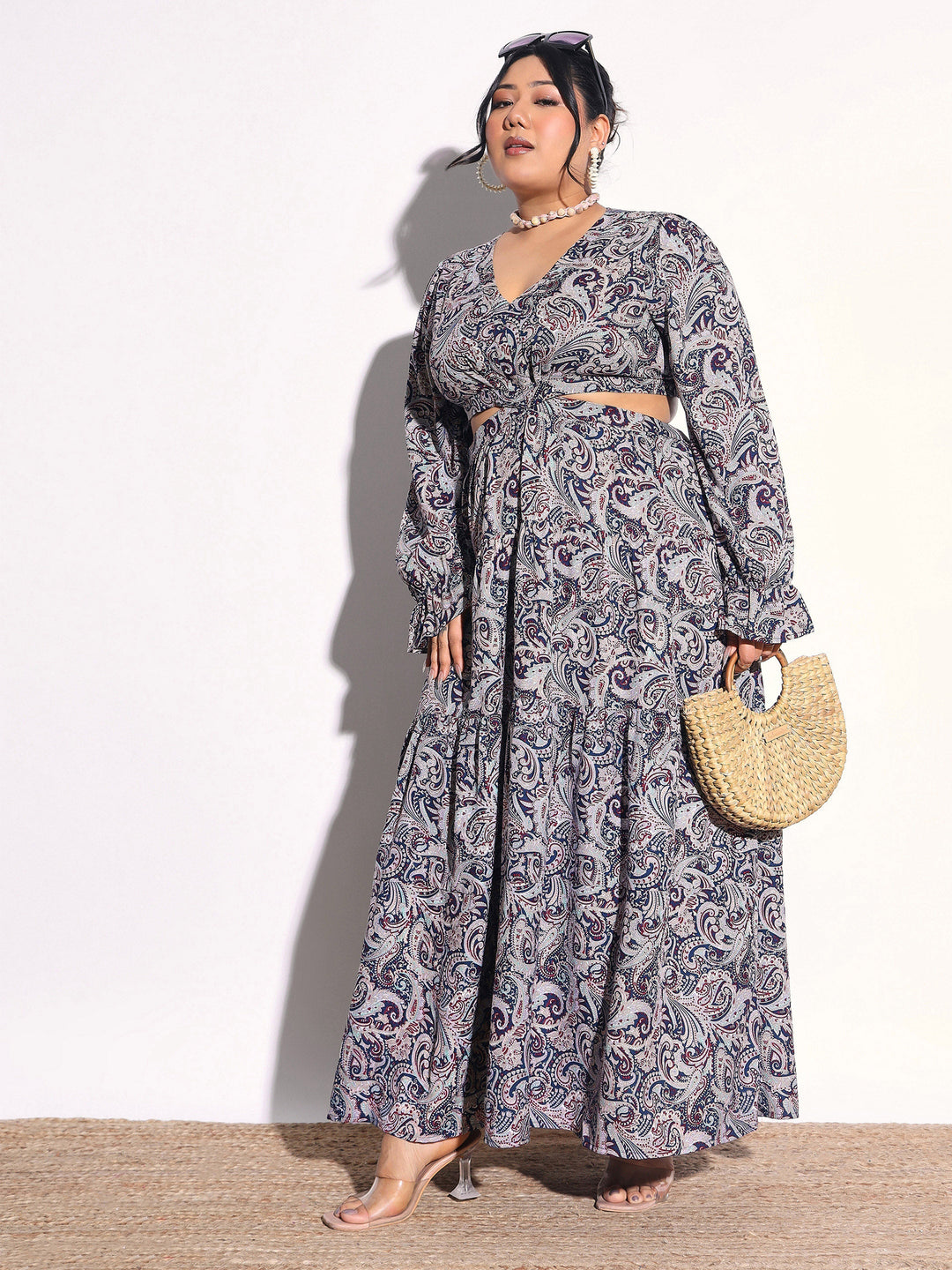 Women Blue Paisley Waist Cut-Out Maxi Dress