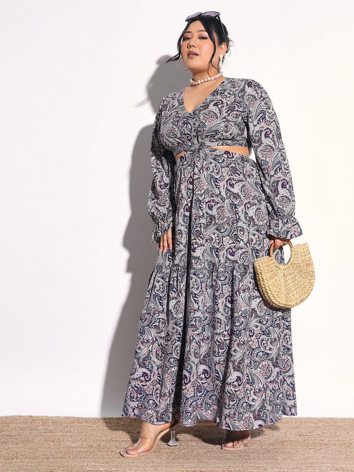 Women Blue Paisley Waist Cut-Out Maxi Dress