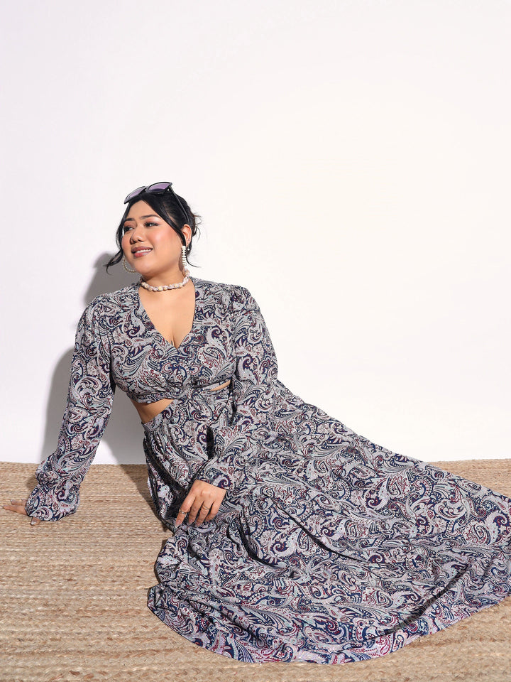 Women Blue Paisley Waist Cut-Out Maxi Dress