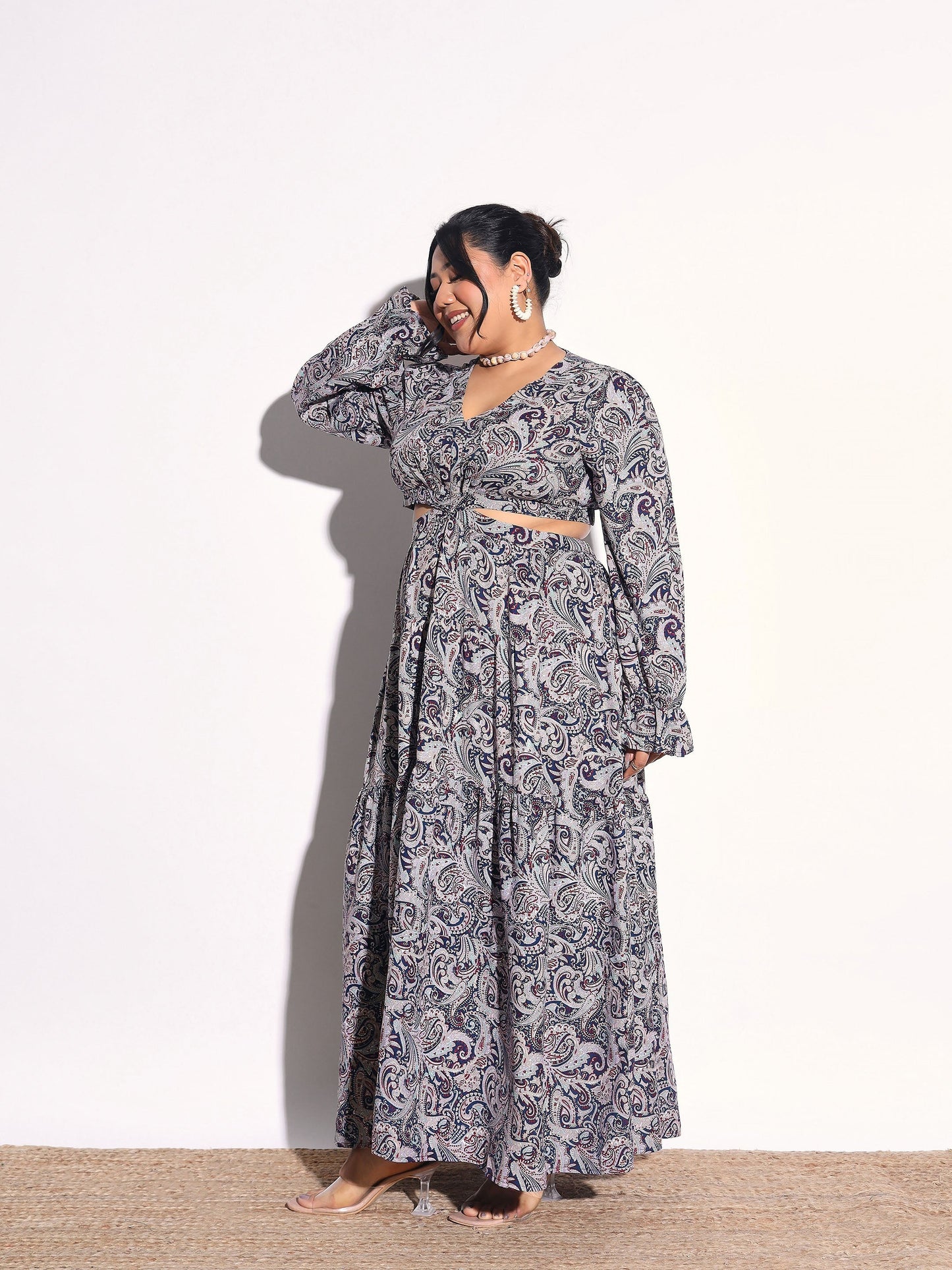 Women Blue Paisley Waist Cut-Out Maxi Dress