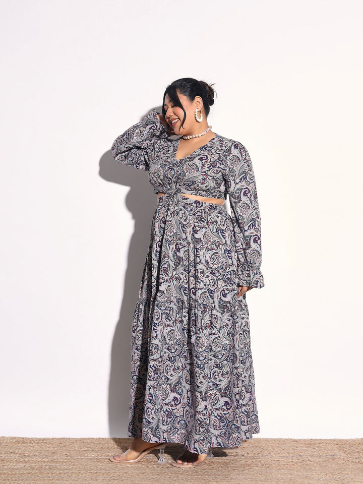 Women Blue Paisley Waist Cut-Out Maxi Dress