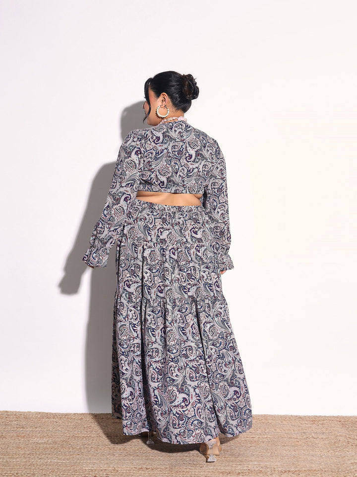 Women Blue Paisley Waist Cut-Out Maxi Dress