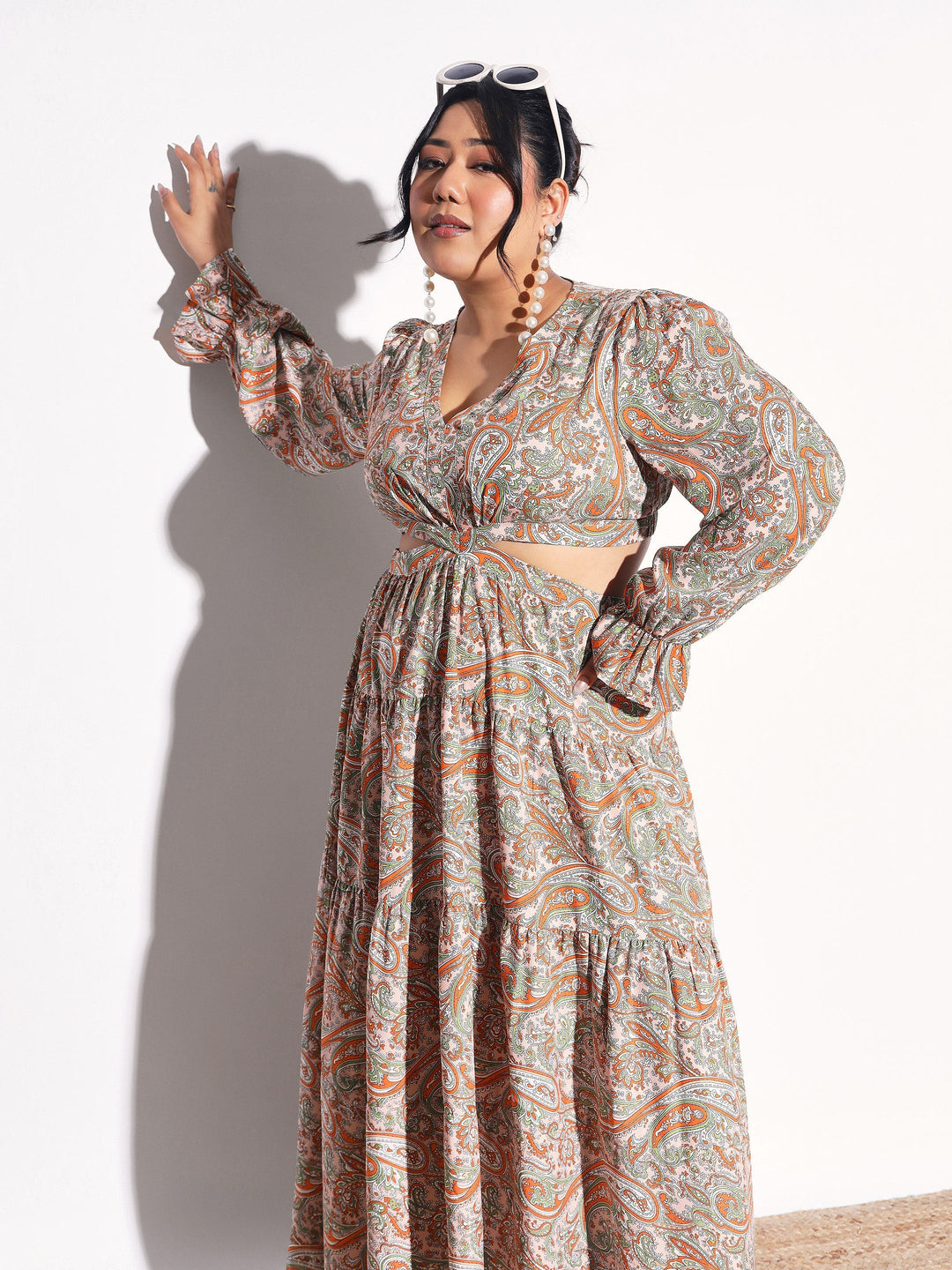 Women Pink Paisley Waist Cut-Out Maxi Dress