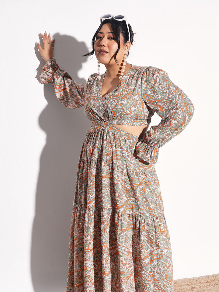 Women Pink Paisley Waist Cut-Out Maxi Dress