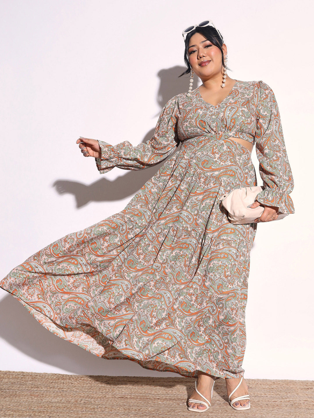 Women Pink Paisley Waist Cut-Out Maxi Dress