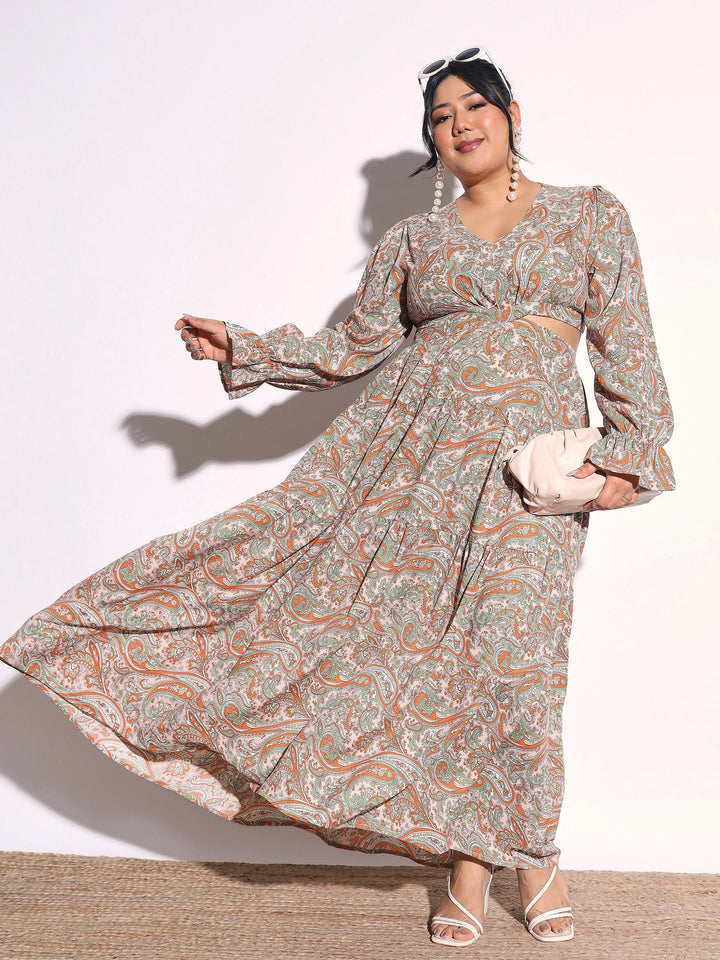 Women Pink Paisley Waist Cut-Out Maxi Dress