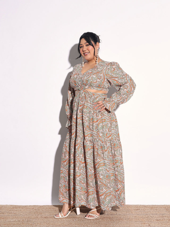 Women Pink Paisley Waist Cut-Out Maxi Dress