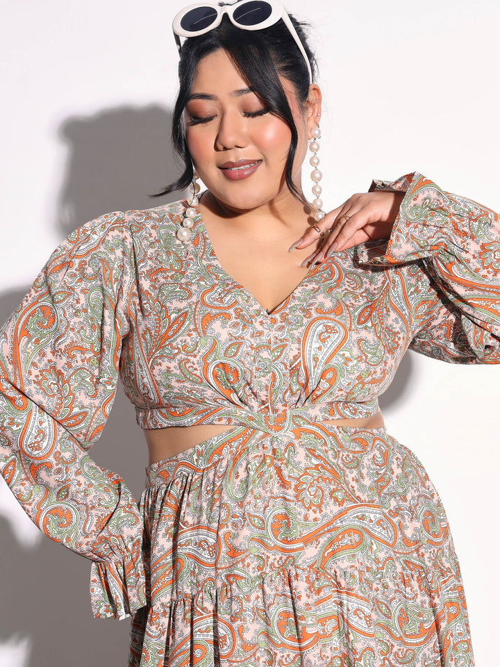 Women Pink Paisley Waist Cut-Out Maxi Dress