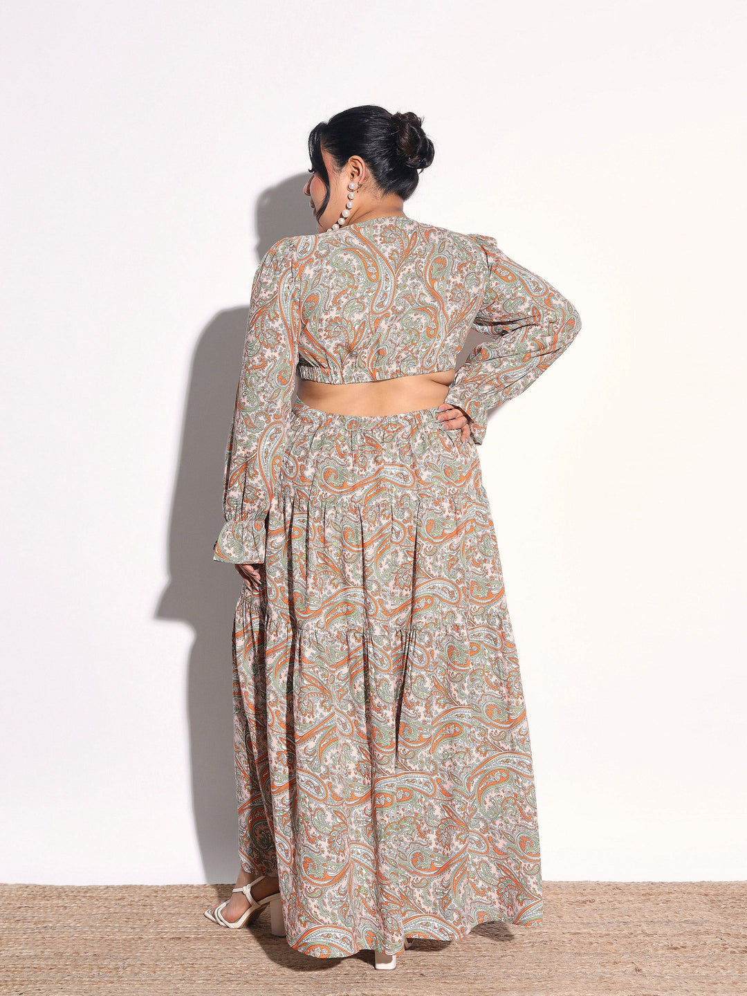 Women Pink Paisley Waist Cut-Out Maxi Dress