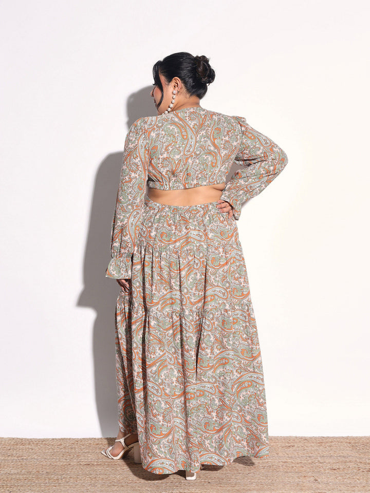Women Pink Paisley Waist Cut-Out Maxi Dress