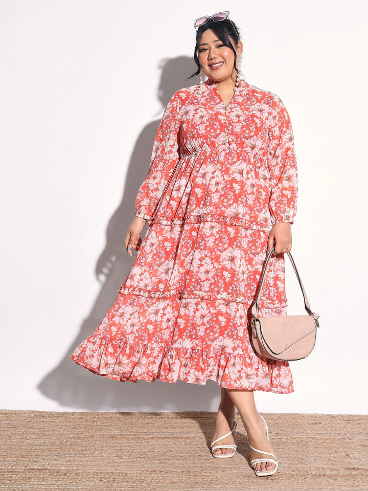 Women Orange Floral V-Neck Tiered Maxi Dress
