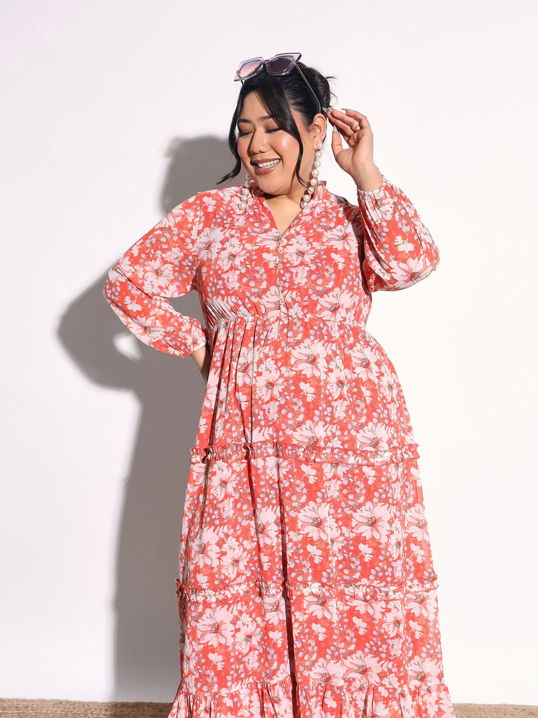Women Orange Floral V-Neck Tiered Maxi Dress