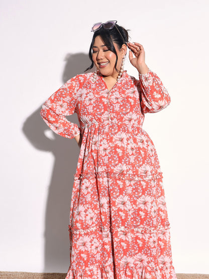 Women Orange Floral V-Neck Tiered Maxi Dress