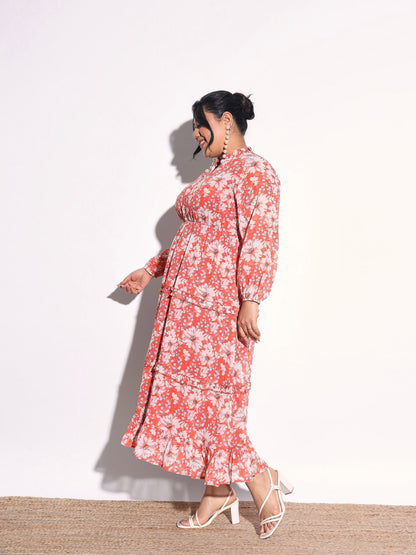Women Orange Floral V-Neck Tiered Maxi Dress