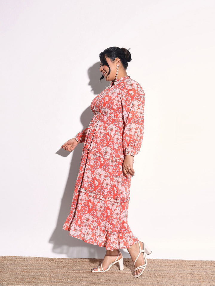 Women Orange Floral V-Neck Tiered Maxi Dress