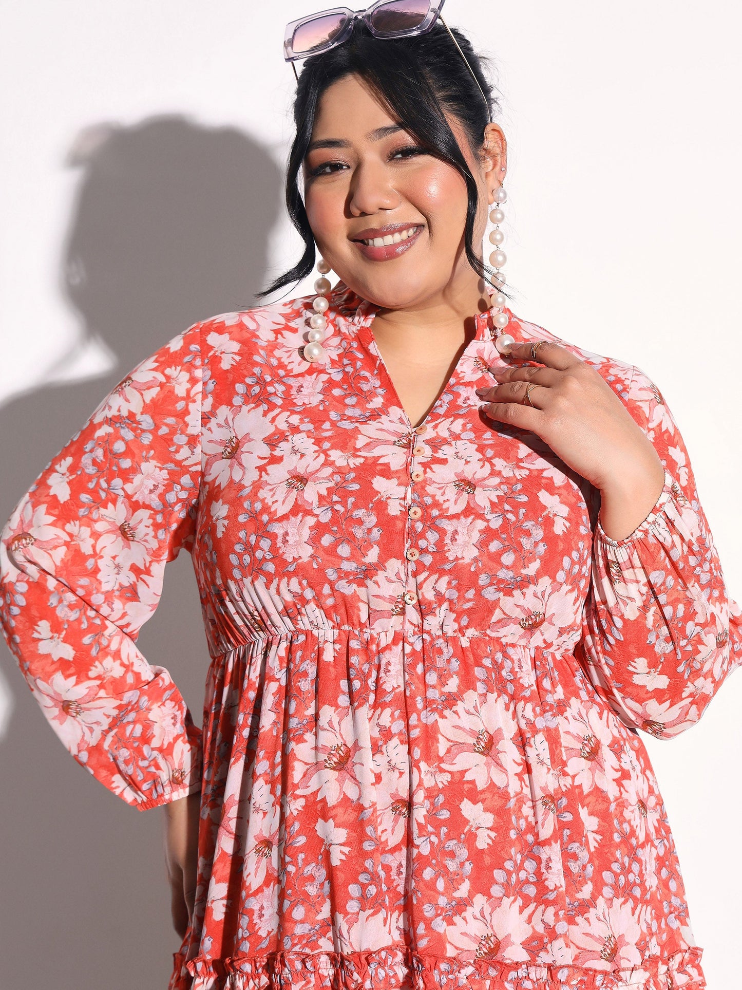 Women Orange Floral V-Neck Tiered Maxi Dress
