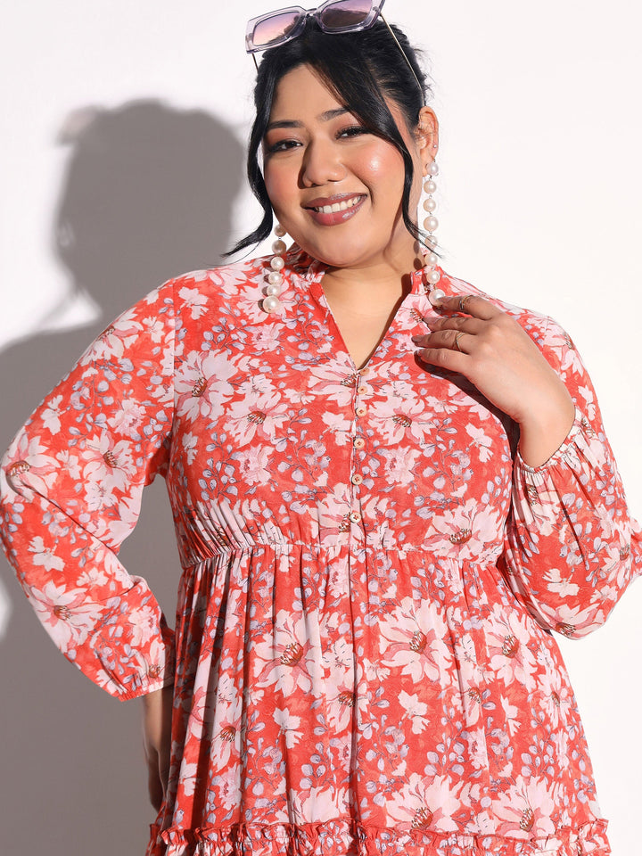Women Orange Floral V-Neck Tiered Maxi Dress