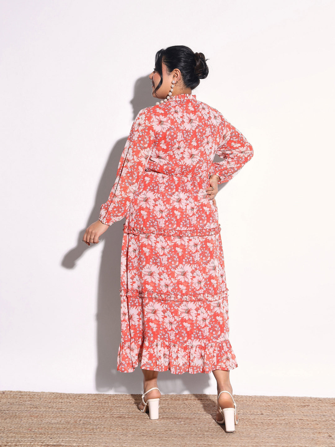 Women Orange Floral V-Neck Tiered Maxi Dress