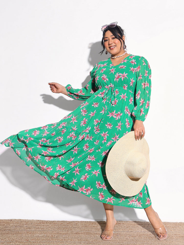 Women Green Floral Tiered Drawstring Midi Dress