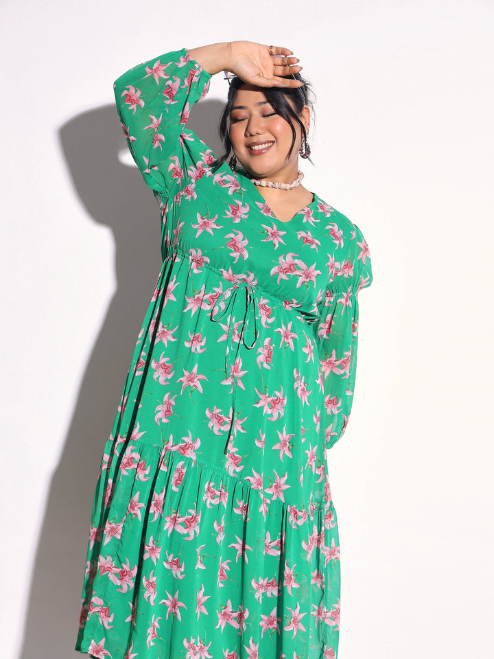 Women Green Floral Tiered Drawstring Midi Dress