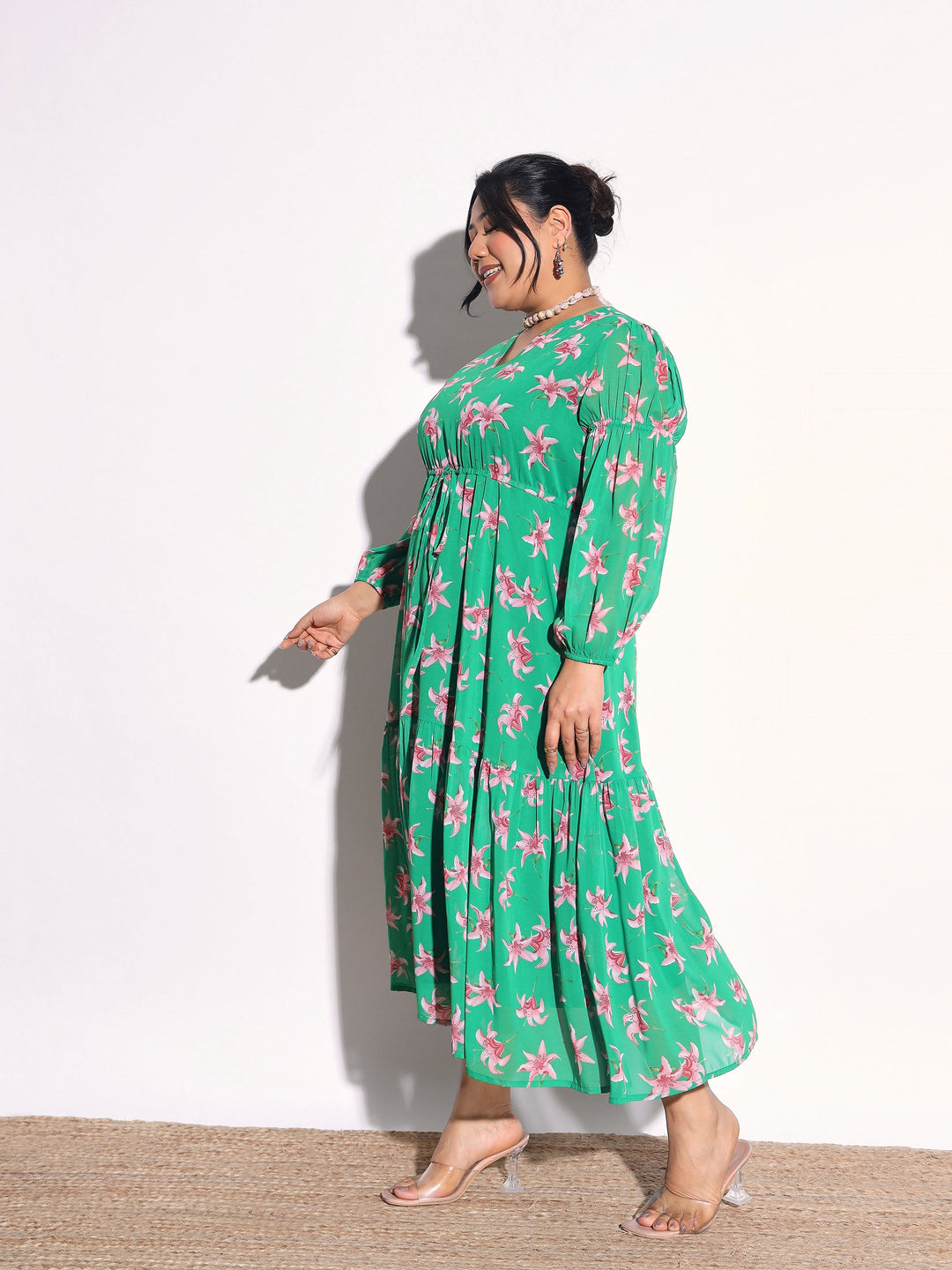 Women Green Floral Tiered Drawstring Midi Dress