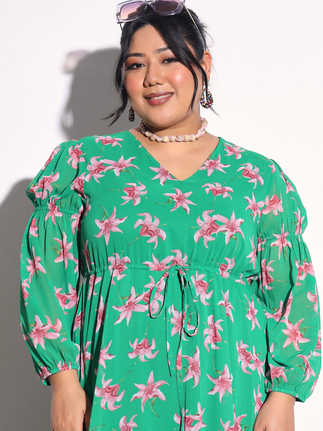 Women Green Floral Tiered Drawstring Midi Dress