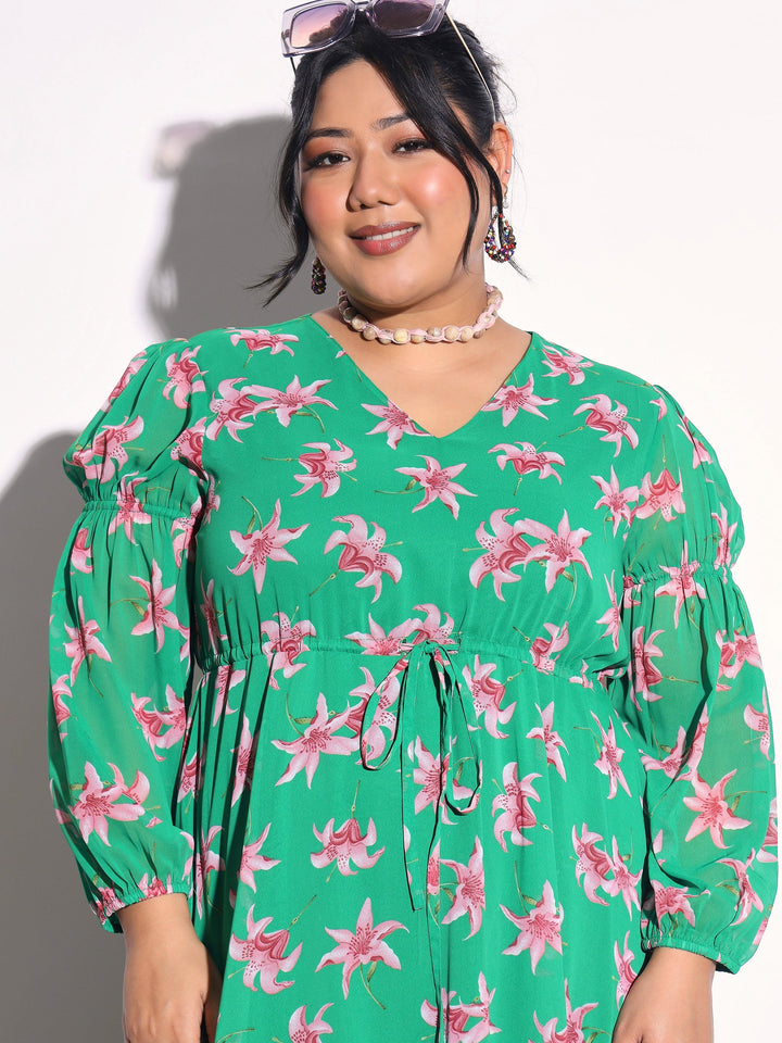 Women Green Floral Tiered Drawstring Midi Dress
