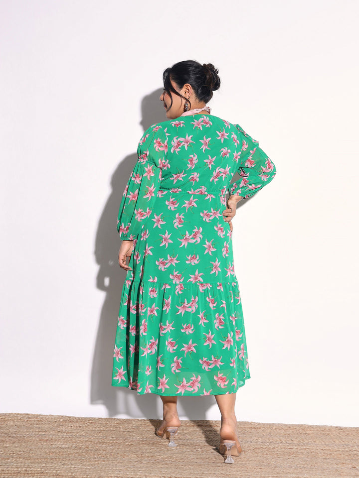 Women Green Floral Tiered Drawstring Midi Dress