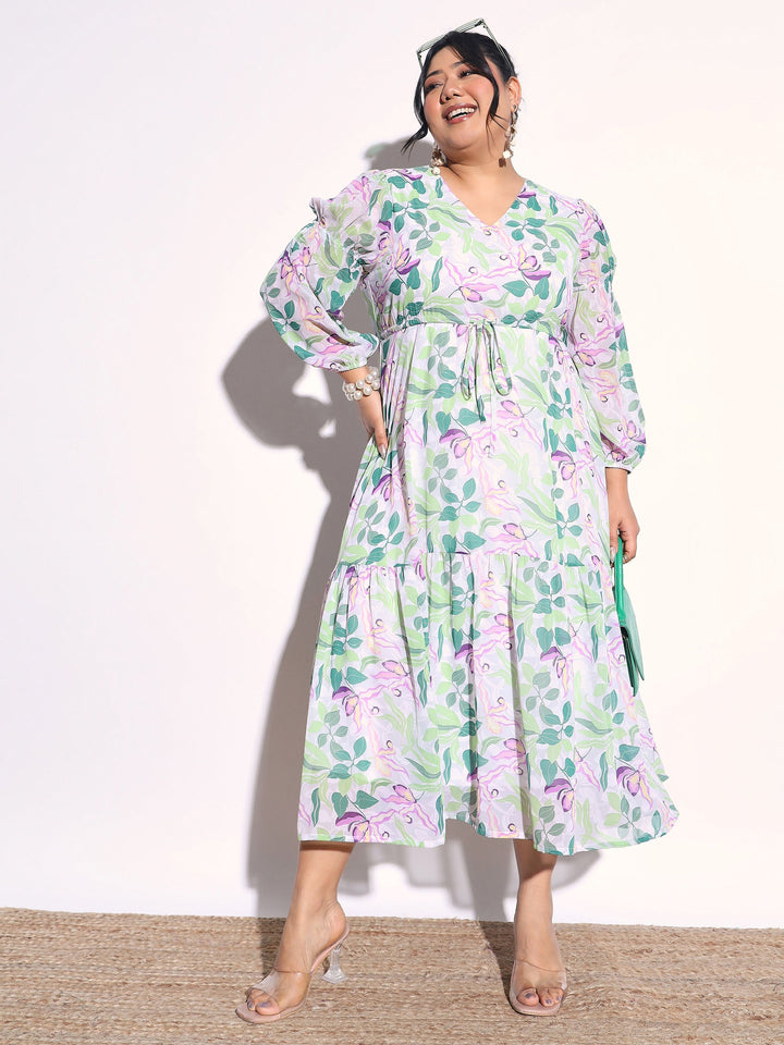 Women Green &amp; White Floral Tiered Drawstring Midi Dress