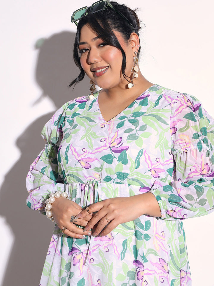 Women Green &amp; White Floral Tiered Drawstring Midi Dress