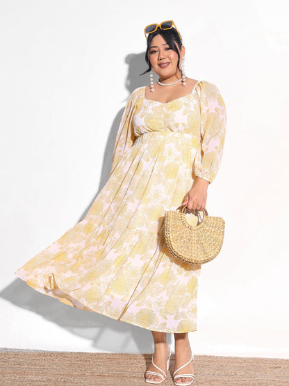 Women Yellow Floral Hem Tiered Midi Dress