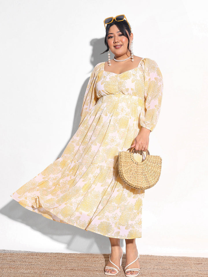Women Yellow Floral Hem Tiered Midi Dress