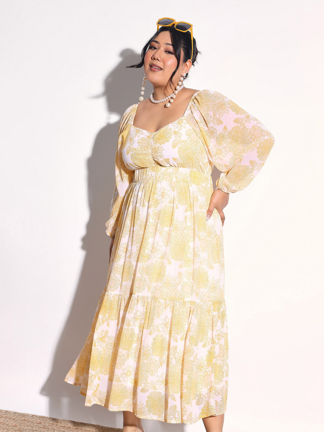 Women Yellow Floral Hem Tiered Midi Dress