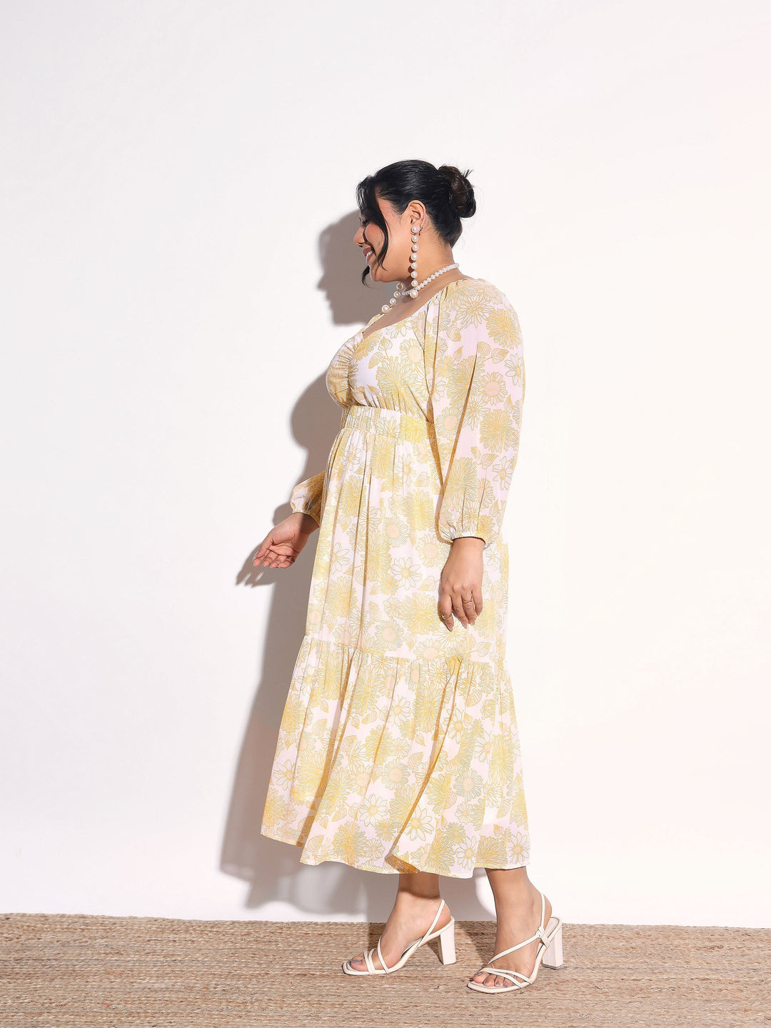 Women Yellow Floral Hem Tiered Midi Dress