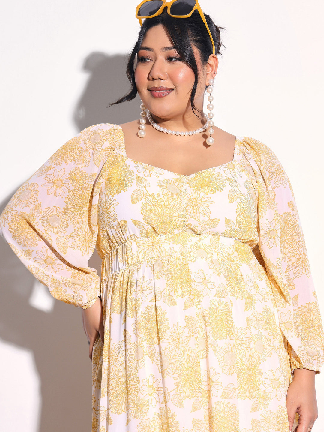 Women Yellow Floral Hem Tiered Midi Dress