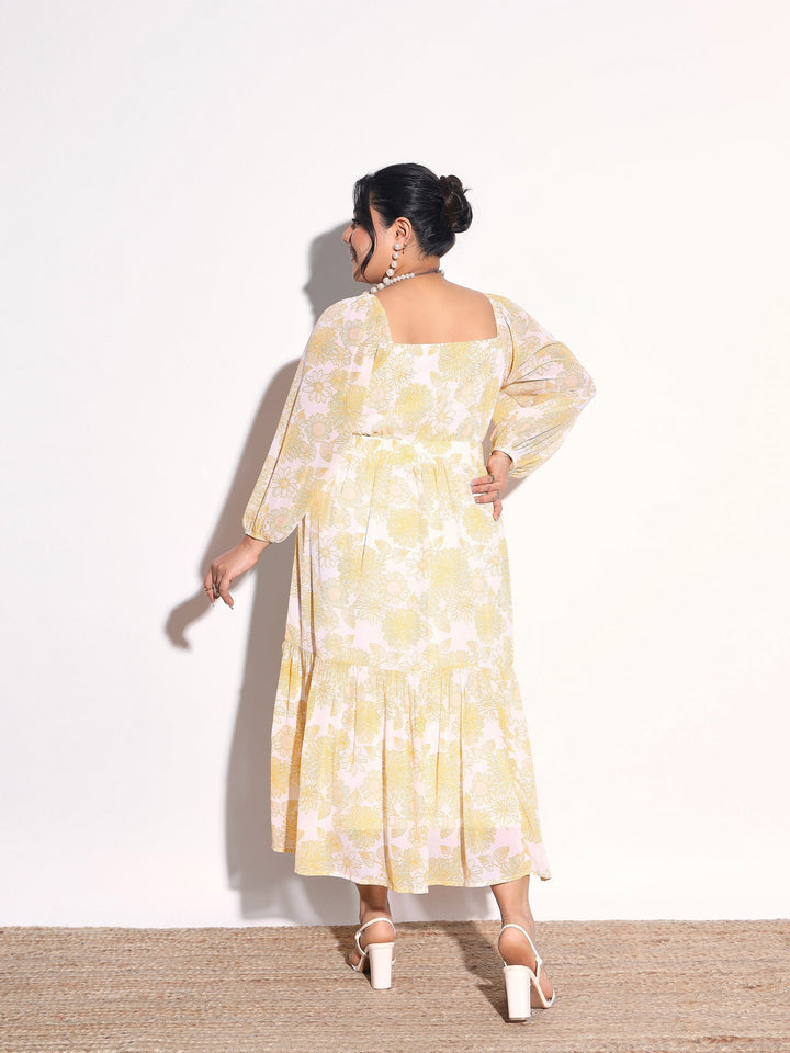 Women Yellow Floral Hem Tiered Midi Dress