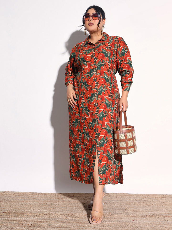 Women Rust Tropical Print Longline Shirt Dress