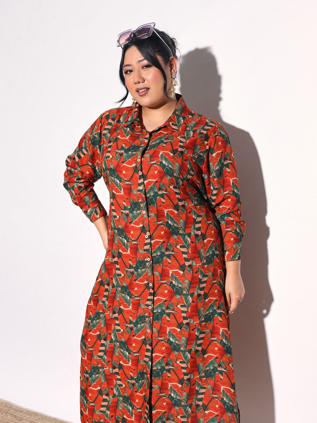 Women Rust Tropical Print Longline Shirt Dress