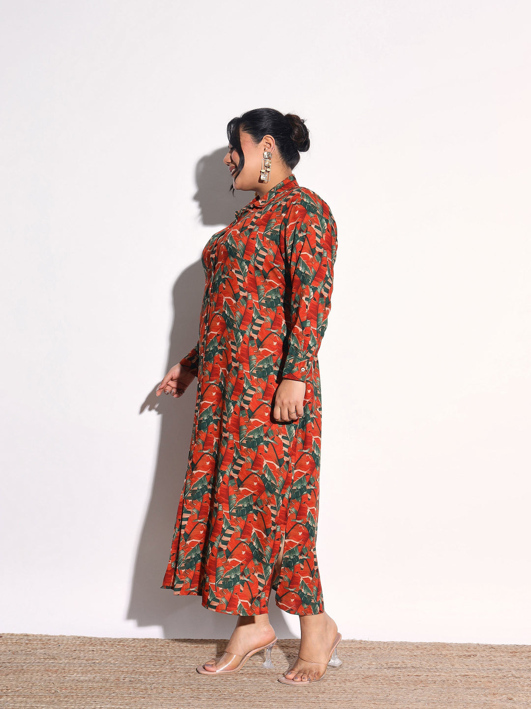 Women Rust Tropical Print Longline Shirt Dress