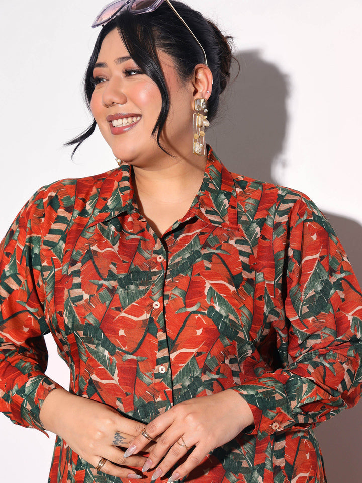 Women Rust Tropical Print Longline Shirt Dress