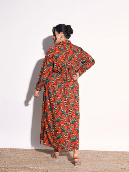 Women Rust Tropical Print Longline Shirt Dress