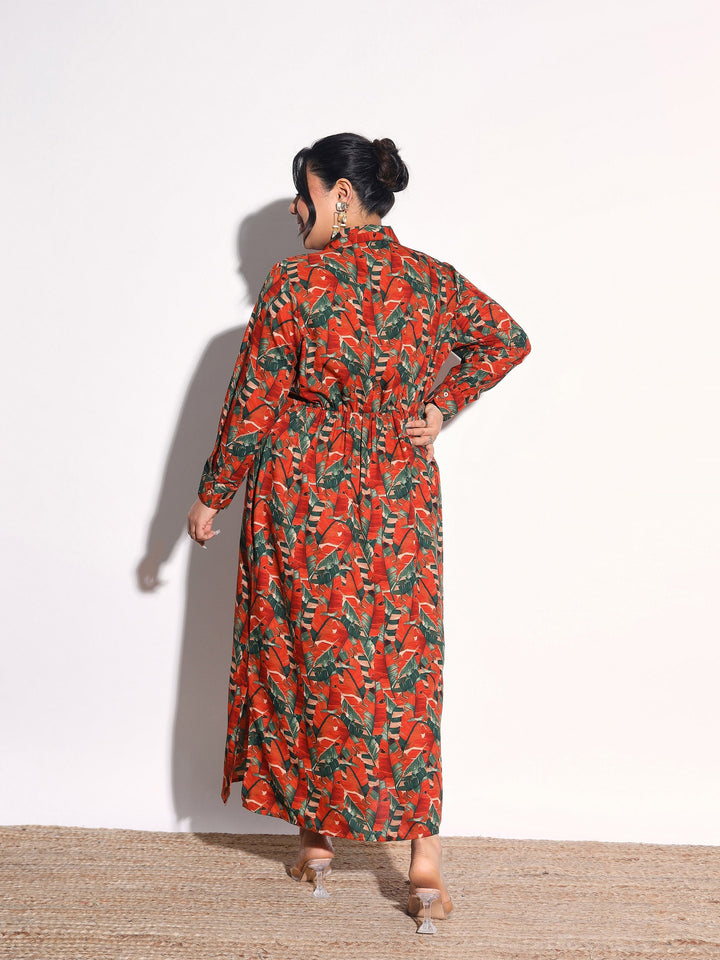 Women Rust Tropical Print Longline Shirt Dress
