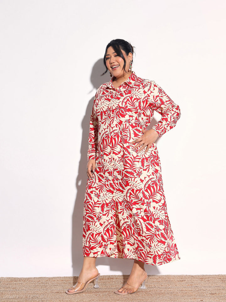 Women Red Floral Longline Shirt Dress