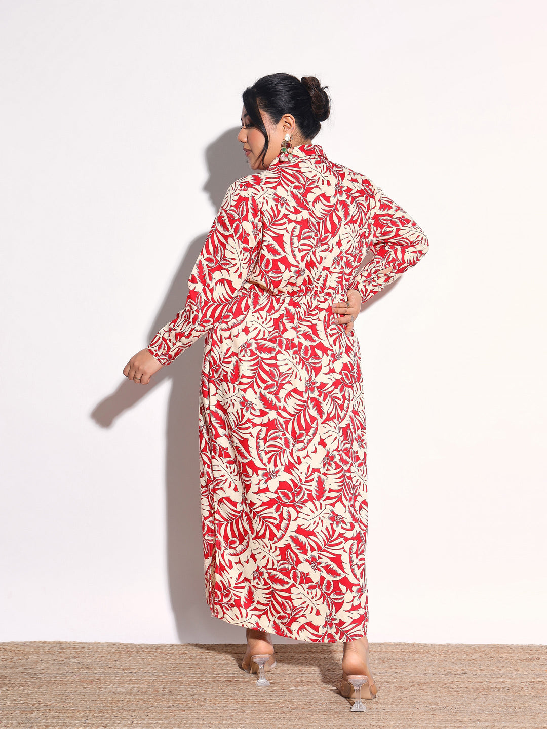 Women Red Floral Longline Shirt Dress