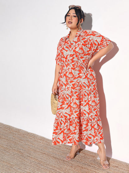 Women Orange Floral Wrap Tiered Midi Dress