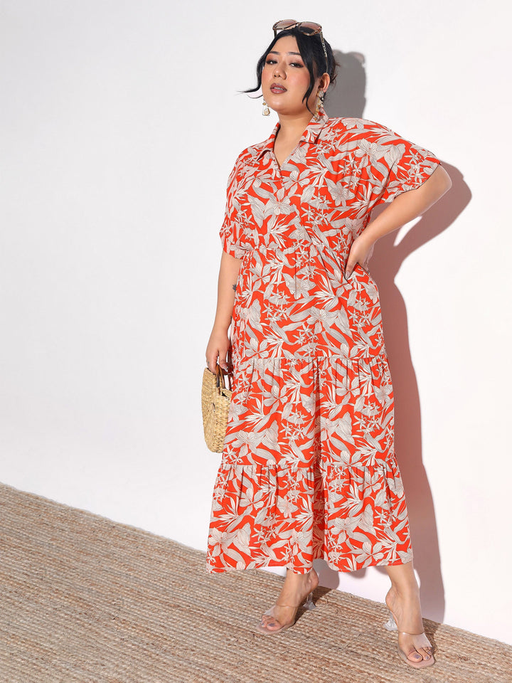 Women Orange Floral Wrap Tiered Midi Dress