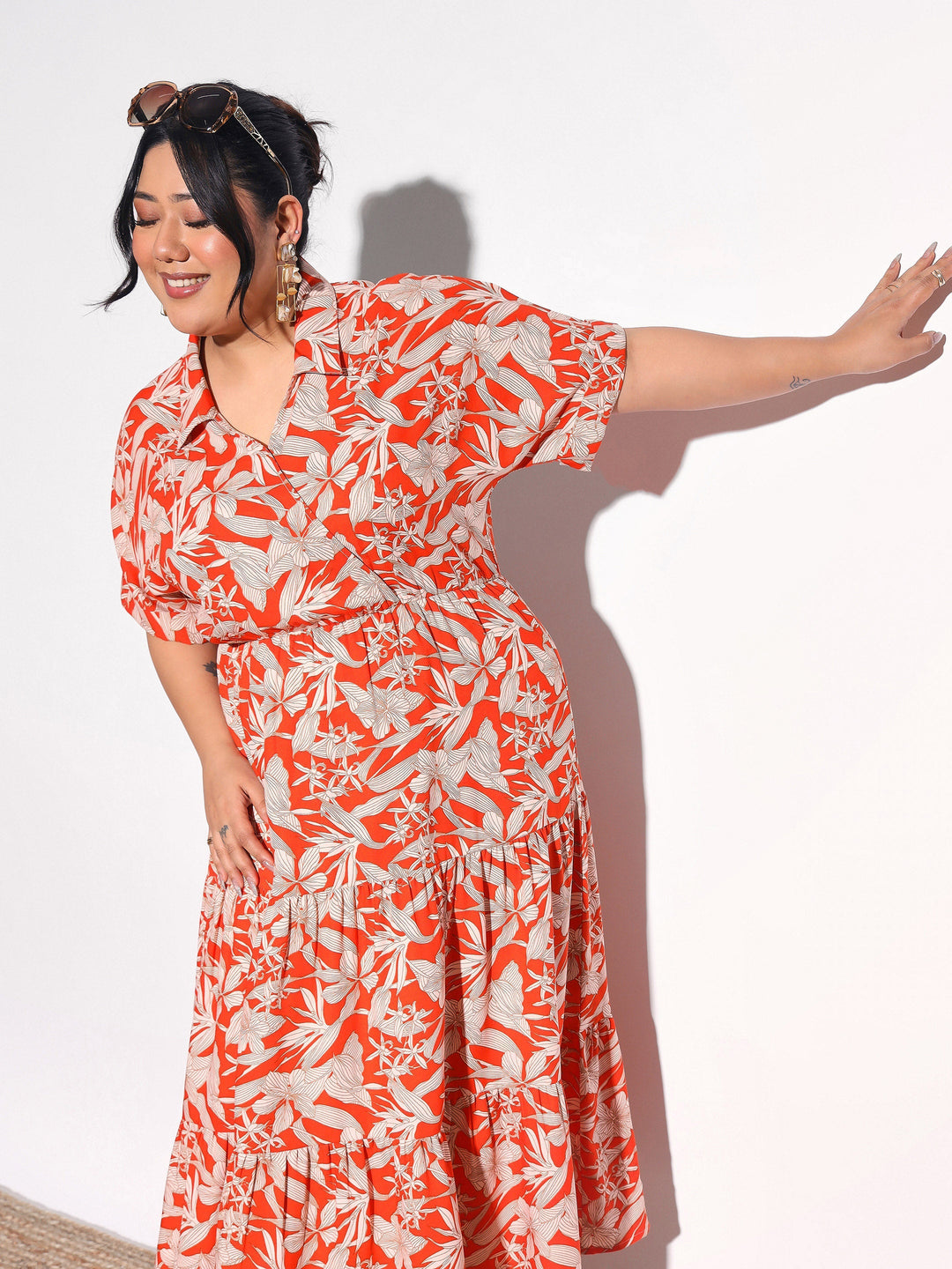 Women Orange Floral Wrap Tiered Midi Dress